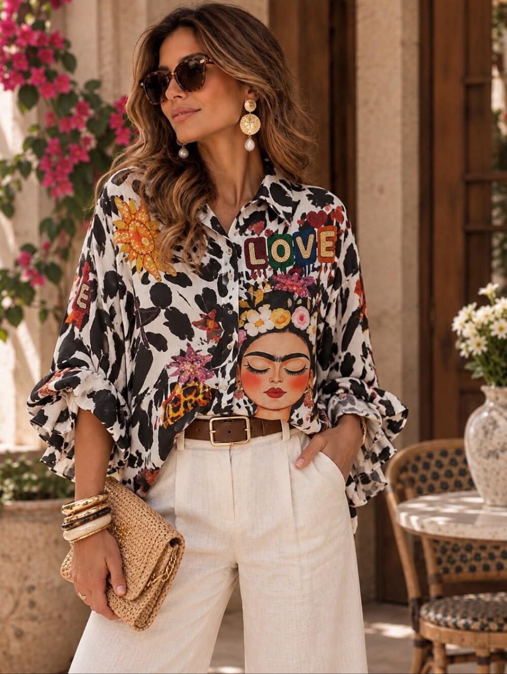 Oz67 Made In Italy Freda Zebra Printed Button-Up Blouse with Frida Motif